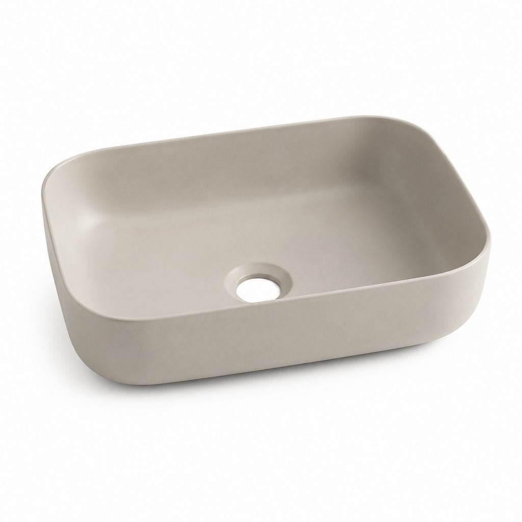 Lavabo da appoggio beige in ceramica rettangolare arrotondato 60 x 40 x 14 cm