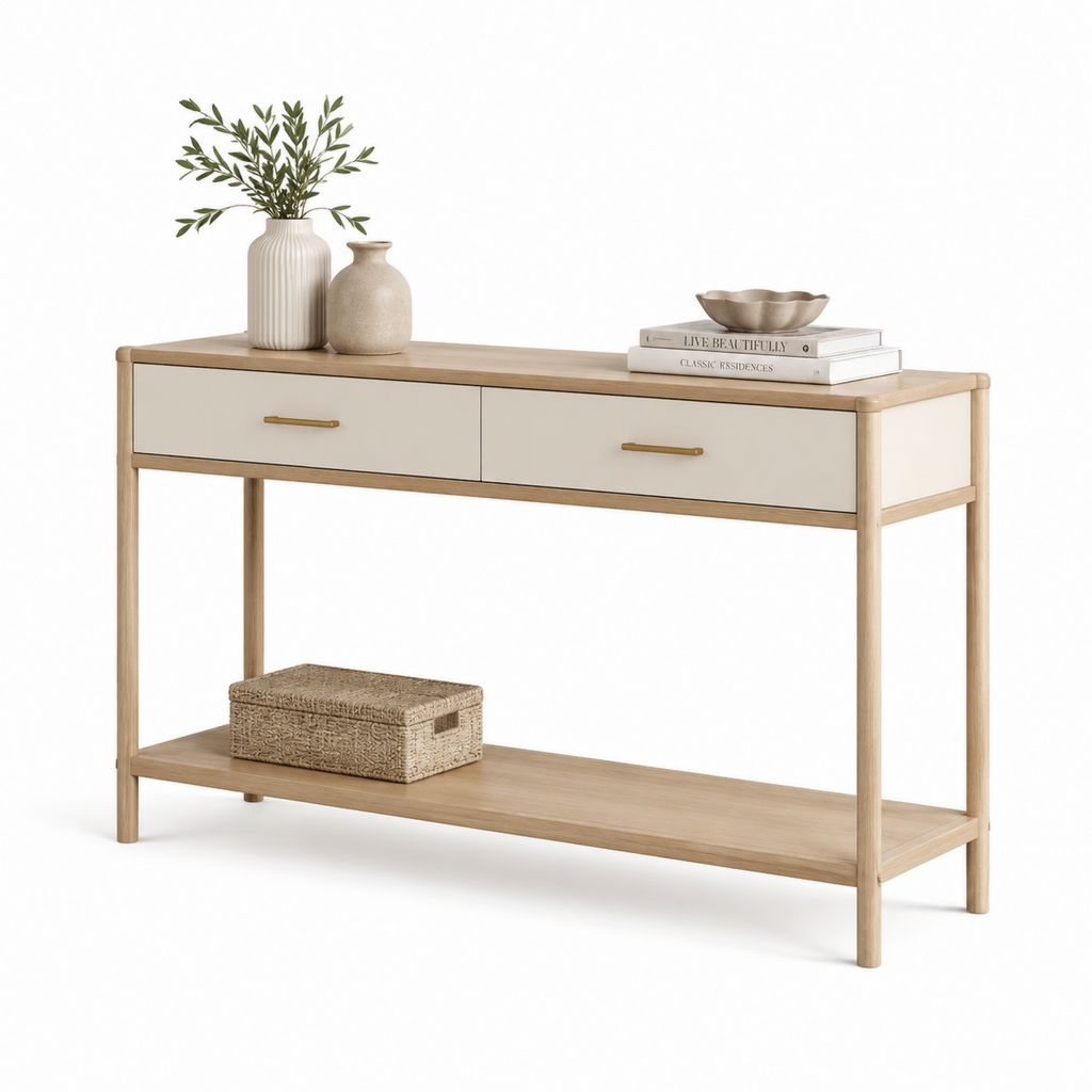 Consolle da ingresso con 2 cassetti e ripiano beige e rovere rettangolare 120 x 35 x 80 cm