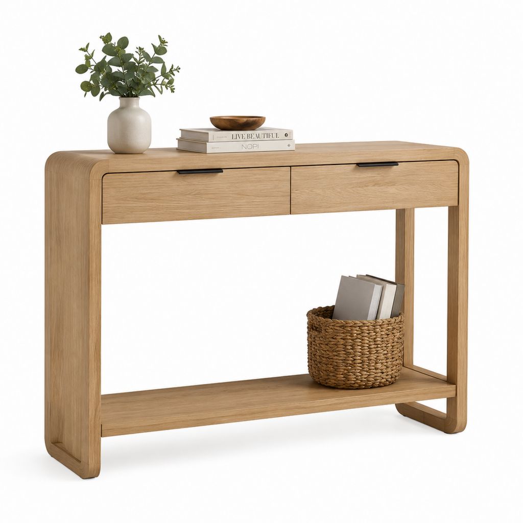 Consolle da ingresso con 2 cassetti e ripiano in MDF impiallacciato rovere naturale 120 x 35 x 80 cm