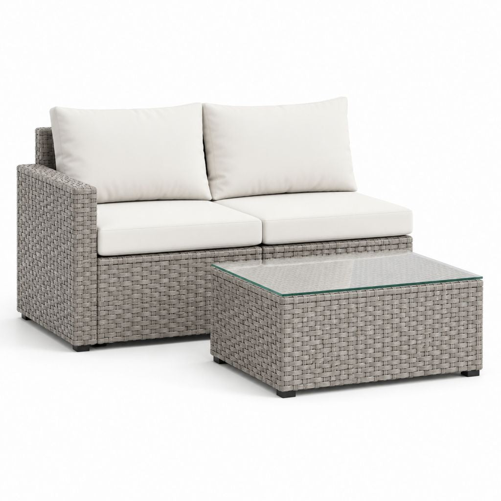 Set divano da giardino 2 posti con tavolino grigio in rattan PE con cuscini crema 124 x 68 x 75 cm