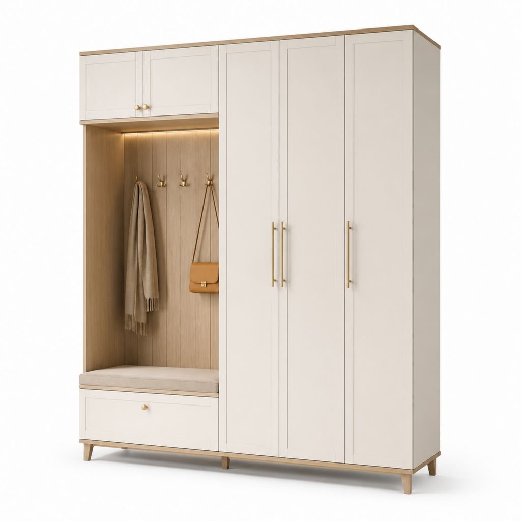 Armadio guardaroba 5 ante con vano appendiabiti crema e rovere chiaro in MDF 180 x 55 x 220 cm