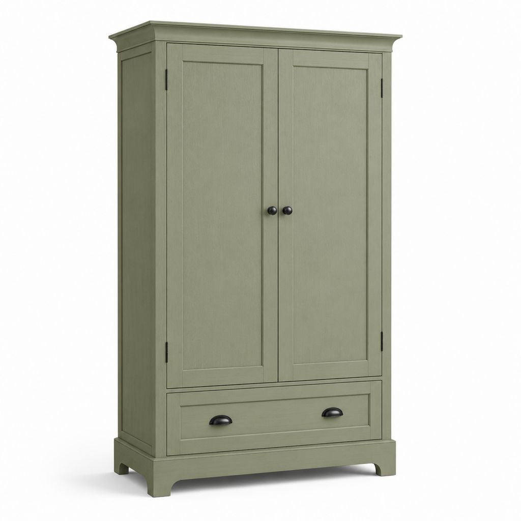 Armadio guardaroba a 2 ante verde salvia in legno massello con cassetto 100 x 55 x 190 cm