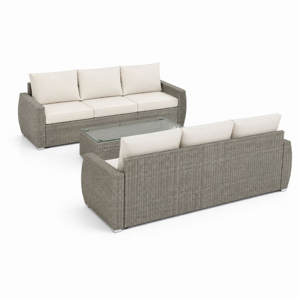 Set salotto da giardino 2 divani 3 posti e tavolino grigio in rattan PE con cuscini beige 200 x 80 x 70 cm
