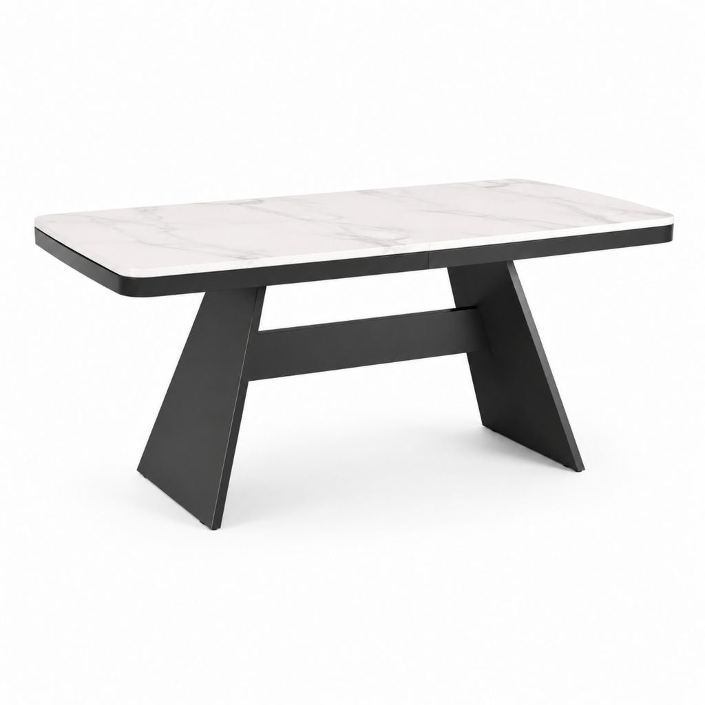 Tavolo da pranzo allungabile bianco effetto marmo e nero in pannello MDF e acciaio 160-200 x 90 x 75 cm