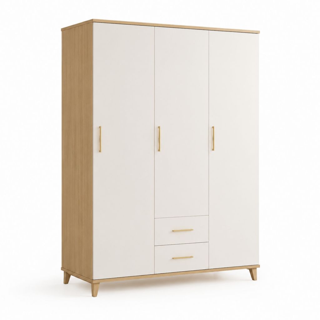 Armadio guardaroba rettangolare 3 ante 2 cassetti bianco e rovere in truciolare nobilitato 180 x 52 x 200 cm