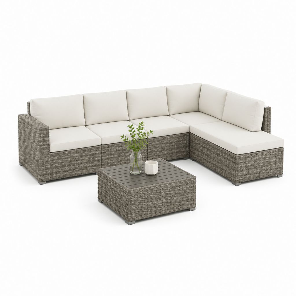 Set divano angolare da giardino con tavolino grigio ecru in rattan PE 218 x 164 x 60 cm
