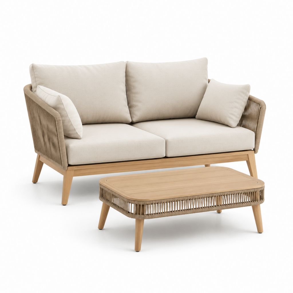 Set divano da giardino 2 posti con tavolino rettangolare beige in acacia massello e corda di polipropilene 150 x 80 x 75 cm tavolino 110 x 60 x 38 cm