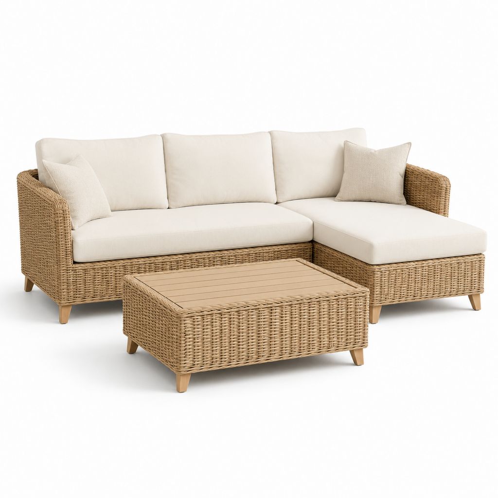 Set divano da giardino angolare in rattan PE beige con tavolino 230 x 150 cm