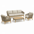 Set salotto da giardino 4 pezzi beige e tortora in legno massello di acacia con corda in polipropilene divano 3 posti poltrone e tavolino 210 x 78 x 76 cm