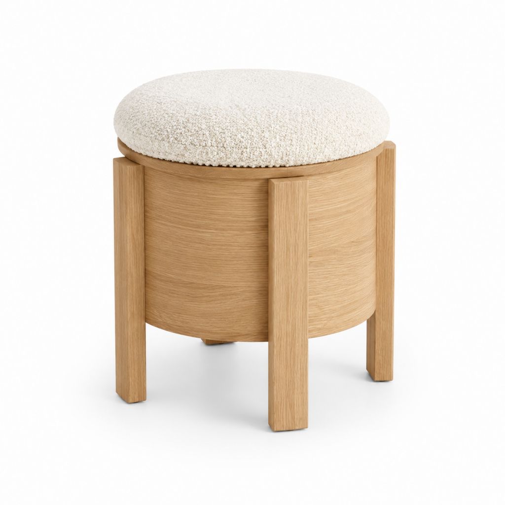 Sgabello rotondo in rovere massello naturale con seduta imbottita bouclé avorio Ø40 x H45 cm