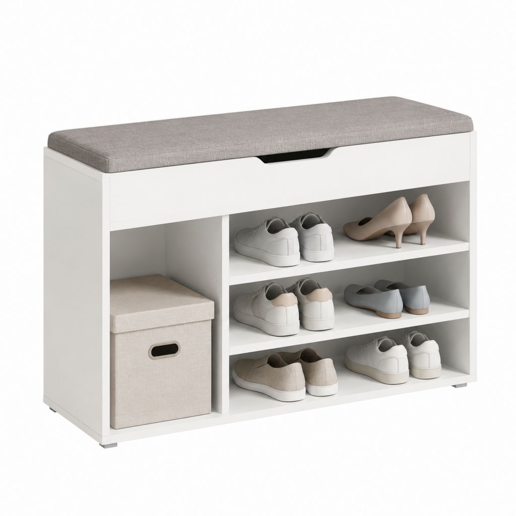 Scarpiera con panca bianca in MDF e cuscino grigio 100 x 30 x 50 cm