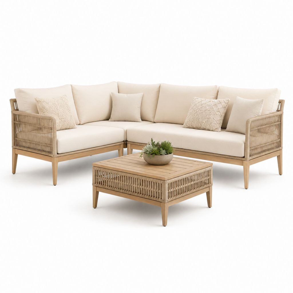 Set divani da giardino angolari 4 posti beige in legno massello di acacia e rattan PE con tavolino 220 x 220 cm