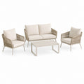 Set salotto da giardino 4 pezzi beige in alluminio e corda PP con divano 140 x 75 x 78 cm poltrone 70 x 75 x 78 cm tavolino 100 x 60 x 42 cm