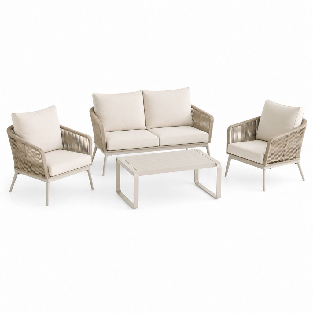 Set salotto da giardino 4 pezzi beige in alluminio e corda PP con divano 140 x 75 x 78 cm poltrone 70 x 75 x 78 cm tavolino 100 x 60 x 42 cm