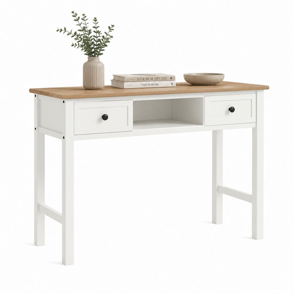 Consolle da ingresso bianca con piano effetto rovere 100 x 35 x 75 cm con 2 cassetti e vano aperto