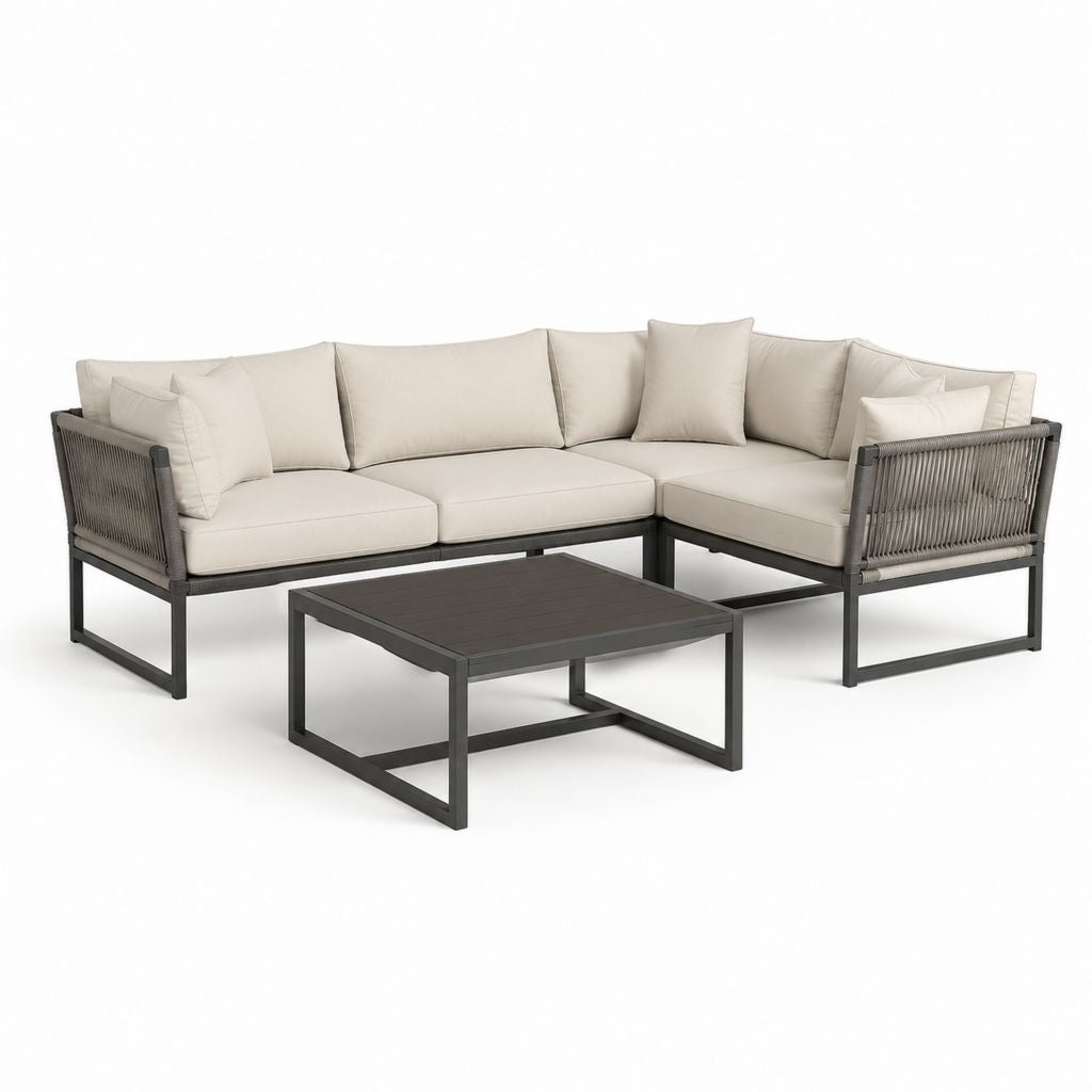 Set divano da giardino angolare con tavolino grigio antracite e beige in alluminio e corda sintetica 240 x 180 x 70 cm