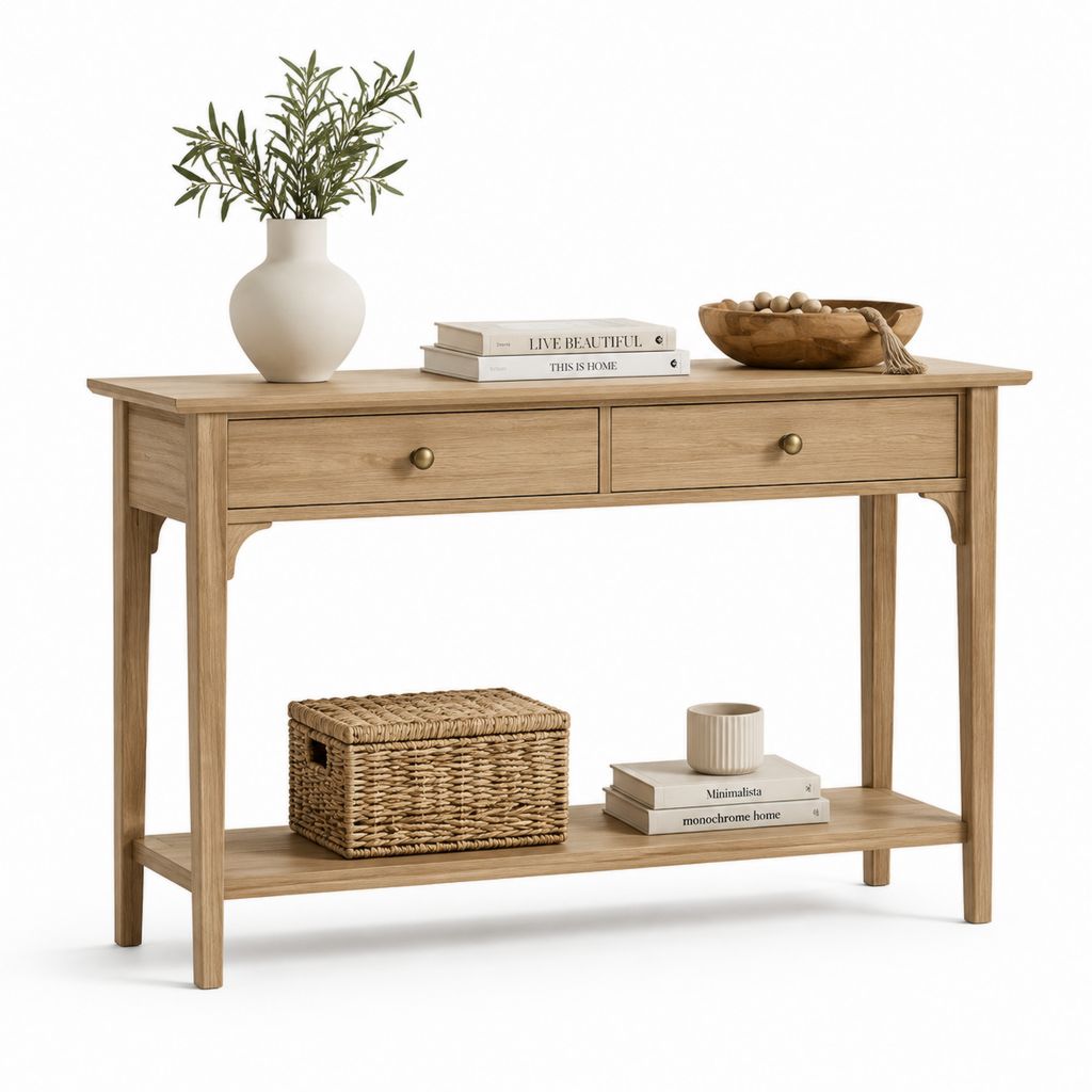 Consolle da ingresso in rovere naturale con 2 cassetti e ripiano 120 x 40 x 85 cm