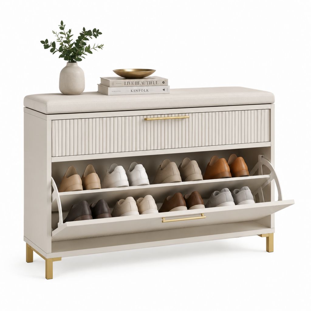 Scarpiera con panca imbottita bianca in MDF 100 x 35 x 95 cm