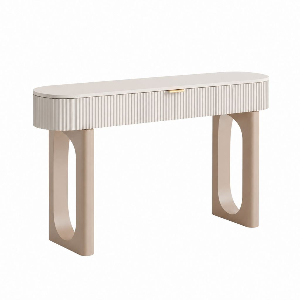 Consolle da ingresso con cassetto beige in MDF sagoma ovale 120 x 40 x 78 cm