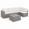 Set divano angolare da giardino 5 posti grigio in rattan PE e acciaio con cuscini in poliestere 220 x 220 x 65 cm con tavolino 80 x 50 x 33 cm
