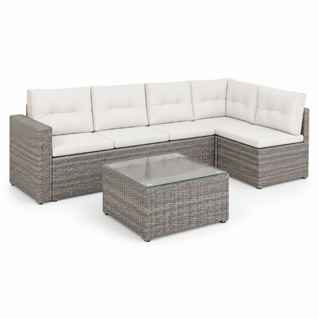 Set divano angolare da giardino 5 posti grigio in rattan PE e acciaio con cuscini in poliestere 220 x 220 x 65 cm con tavolino 80 x 50 x 33 cm