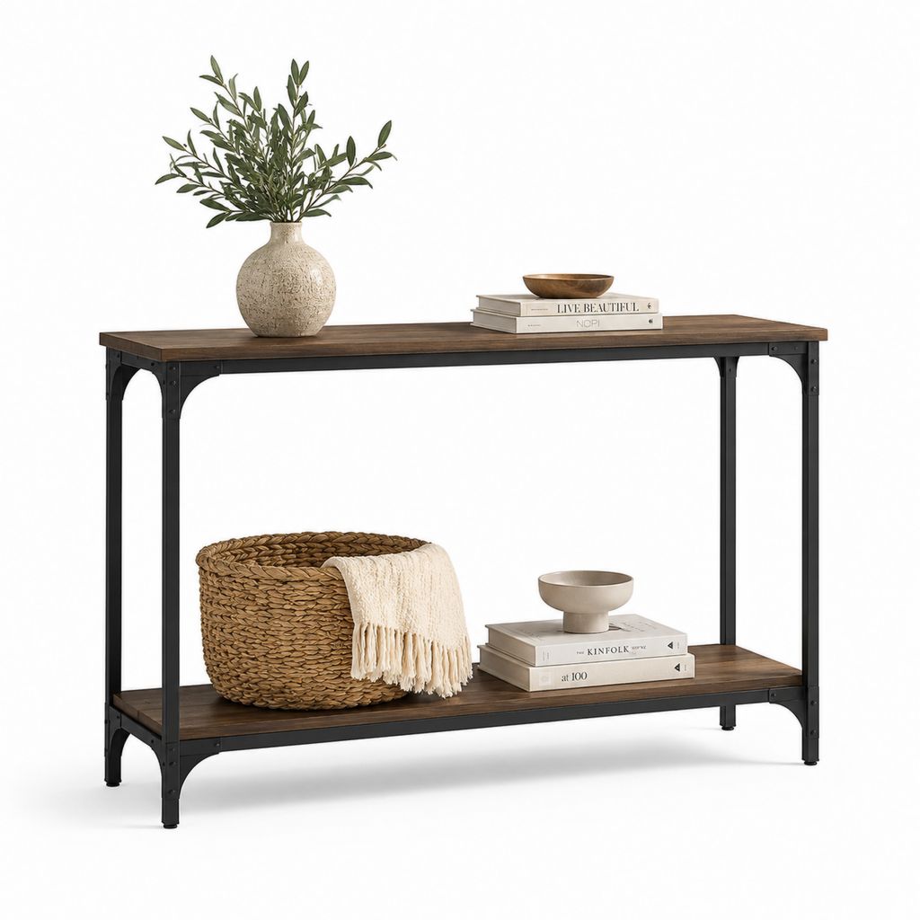 Consolle ingresso a 2 ripiani marrone scuro e nero in MDF e acciaio 120 x 35 x 80 cm