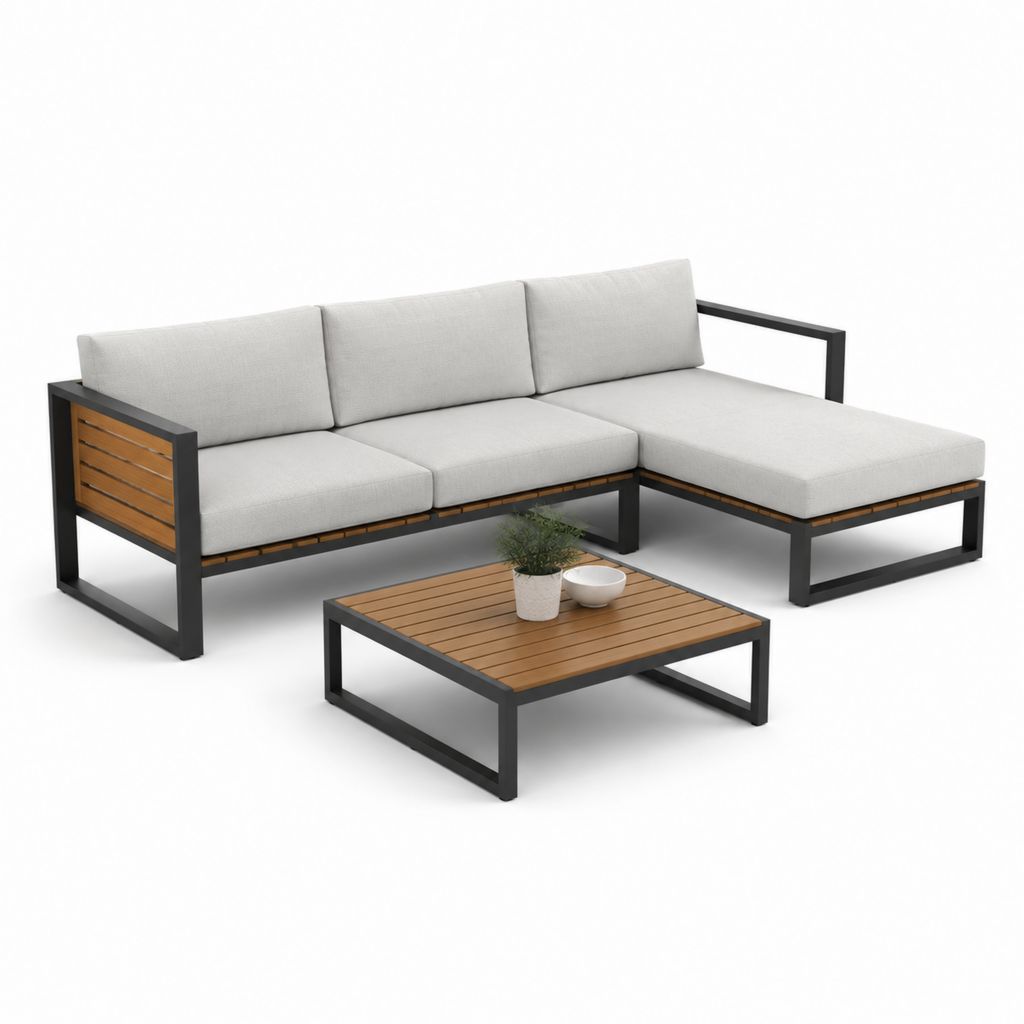 Set divano da giardino angolare 3 posti con chaise longue grigio chiaro in alluminio e acacia 240 x 150 x 75 cm con tavolino 100 x 60 x 35 cm
