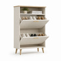 Scarpiera rettangolare a 2 ante a ribalta bianca in MDF con gambe in legno massello 80 x 30 x 120 cm