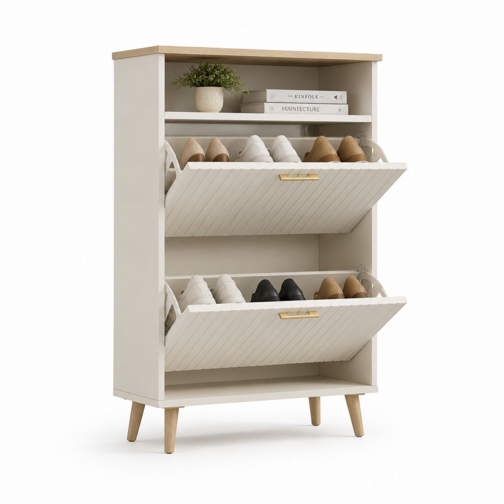 Scarpiera rettangolare a 2 ante a ribalta bianca in MDF con gambe in legno massello 80 x 30 x 120 cm