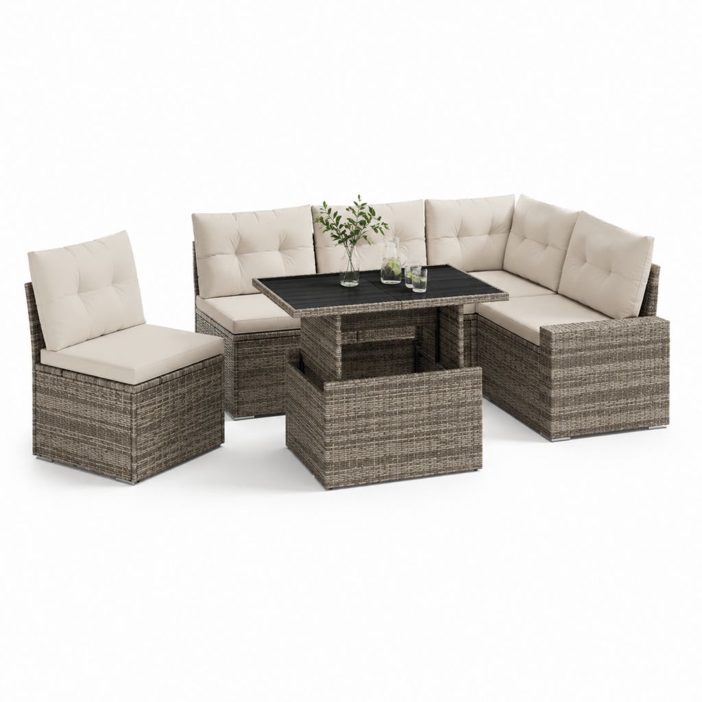 Set divani da giardino 6 pezzi grigio in rattan sintetico PE con cuscini color crema tavolo 110 x 60 x 67 cm
